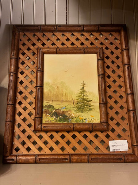 Vintage Oil Painting w/ Bamboo Frame (Pair)