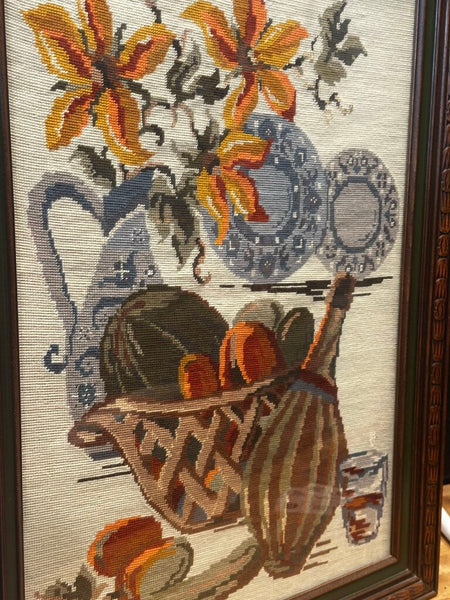 FRAMED VINTAGE NEEDLEPOINT 31" x 23", WOOD FRAME. STORE PICK UP