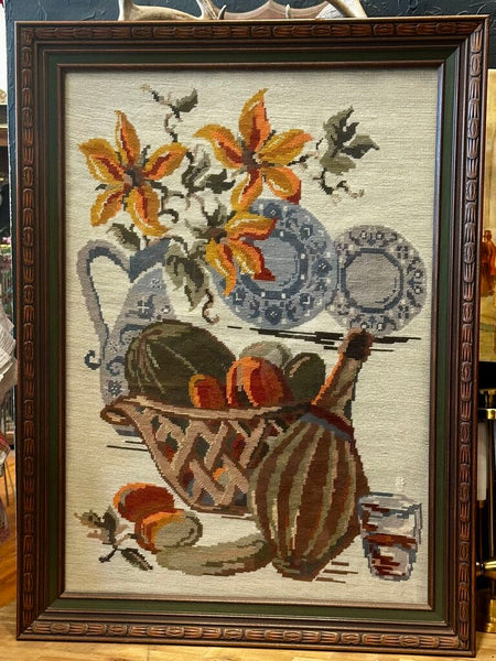 FRAMED VINTAGE NEEDLEPOINT 31" x 23", WOOD FRAME. STORE PICK UP