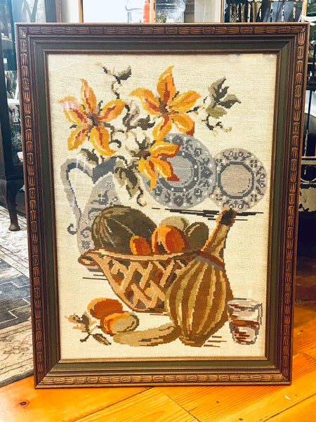 FRAMED VINTAGE NEEDLEPOINT 31" x 23", WOOD FRAME. STORE PICK UP
