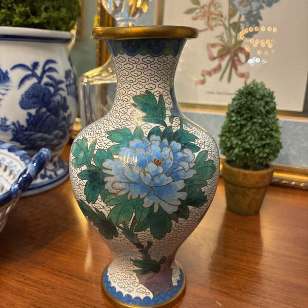 Vintage Cloisonne Enamel Brass Vase 8" x 4"