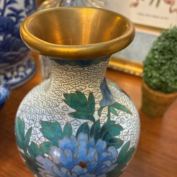 Vintage Cloisonne Enamel Brass Vase 8" x 4"