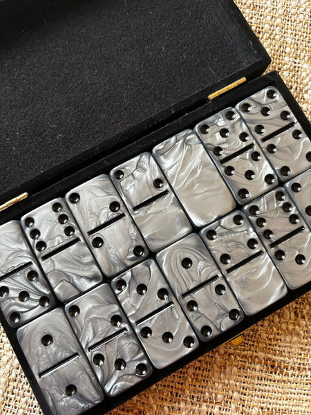 Vtg Domino Double 6 Silver Marbleized Tiles Jumbo Tournament Size