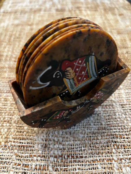 Set of 6 Hand Painted Elephant Design Marble Coasters