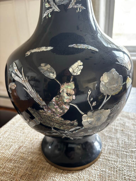 Vintage 1960s Japanese Brass Black Lacquer Vase Inlaid shell Birds