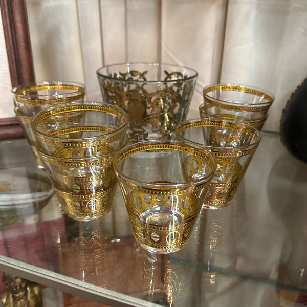 Vint MCM Culver Antiqua pattern Gold Whiskey Glasses(8)