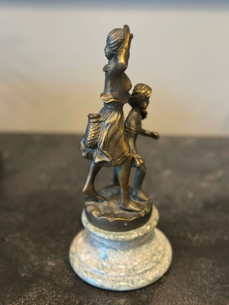 BRONZE WOMAN AND GIRL FIGURES ON MARBLE BASE. 9"H x 4"W