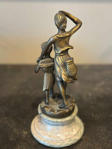 BRONZE WOMAN AND GIRL FIGURES ON MARBLE BASE. 9"H x 4"W