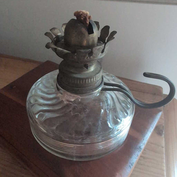 Antique Clear Glass Finger Oil Lamp with Metal Handle 3 in