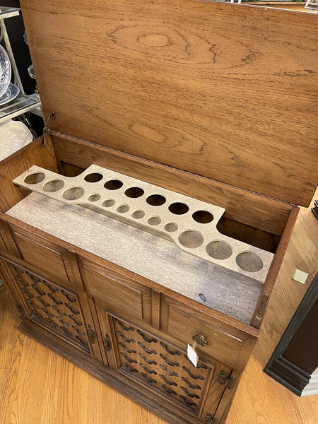 MCM oak BAR Moorish quatrefoil design tops flips up. As is IN STORE PICK UP ONLY