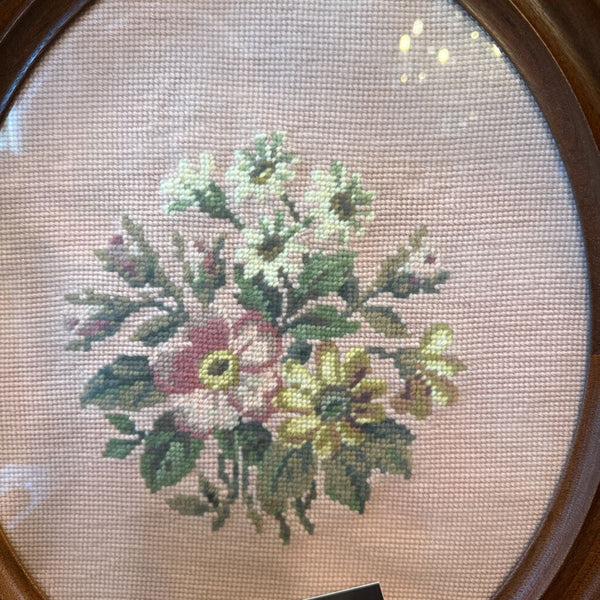 Framed Pink Floral Needlepoint 17x20