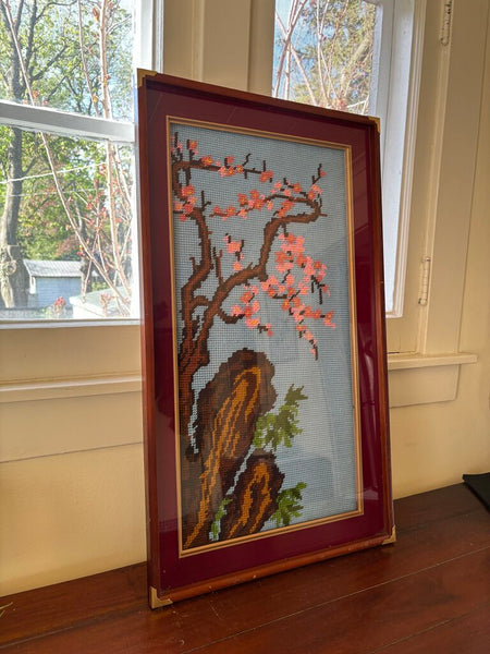 Vintage 18x31 Embroidery Cross Stitch Cherry Blossom