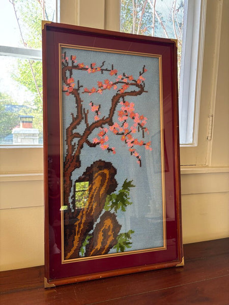 Vintage 18x31 Embroidery Cross Stitch Cherry Blossom
