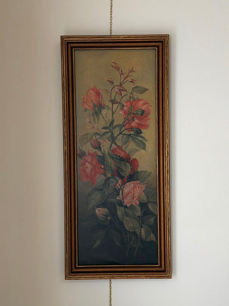 1501 Antique Vertical Coral Rose Oil on Board Painting