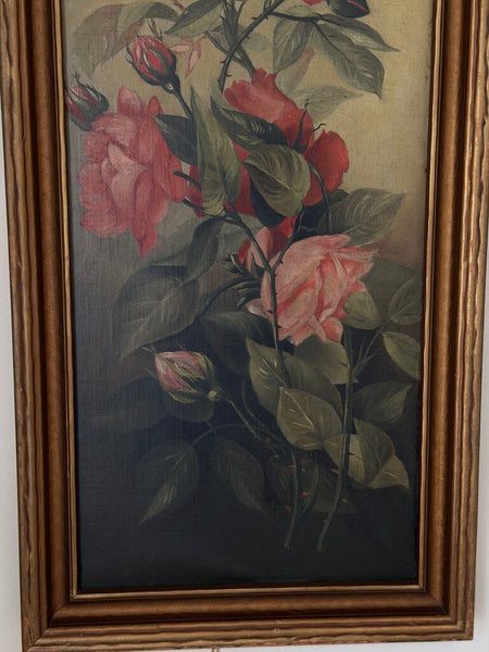 1501 Antique Vertical Coral Rose Oil on Board Painting