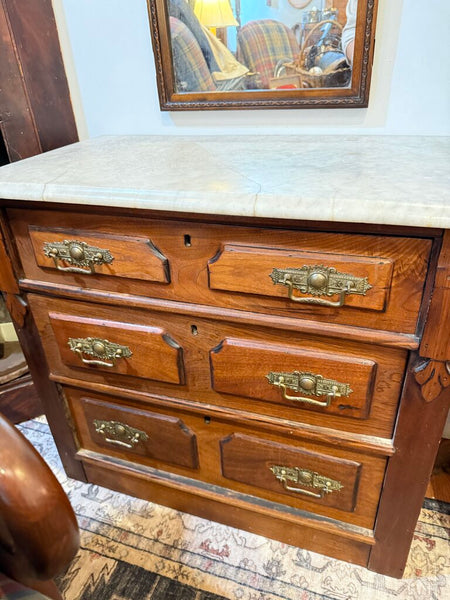 Victorian Walnut Chest with 3 drawers and marble top (not attached) signed by maker 15x31x28T PICKUP ONLY