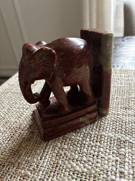 Vintage Carved Red Marble Elephant Bookend