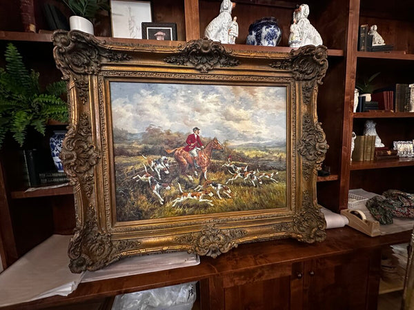 Vintage Hunt Scene Oil Painting In The Tradition Of Heywood Hardy In Store Pick Up Only 54.5W x 45.5H x 5D