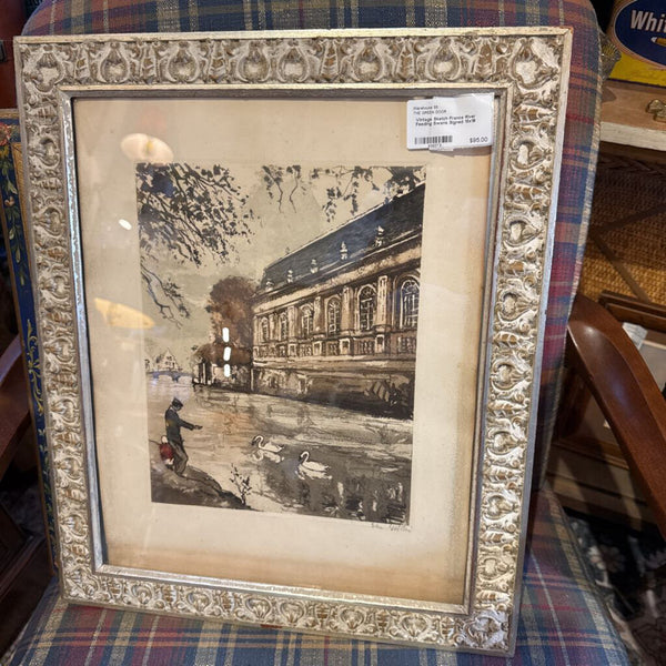 Vintage Sketch France River Feeding Swans Signed 15x18