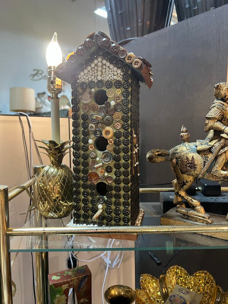 VINTAGE FOLK ART BUTTON BIRD HOUSE as is