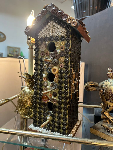 VINTAGE FOLK ART BUTTON BIRD HOUSE as is