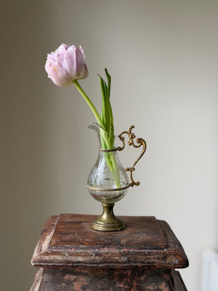 2451 Antique French Etched Glass and Brass Ewer/Bud Vase