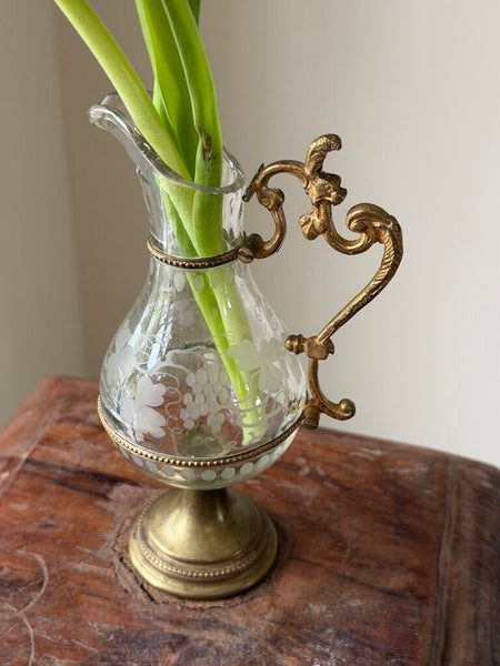2451 Antique French Etched Glass and Brass Ewer/Bud Vase