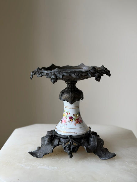 0788 Victorian Iron and Porcelain Hand Painted Tazza