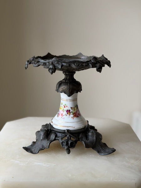 0788 Victorian Iron and Porcelain Hand Painted Tazza