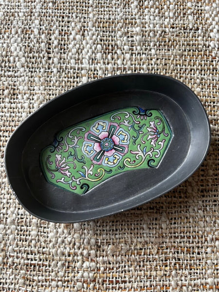 Vintage Japanese Pewter And Porcelain Trinket Dish