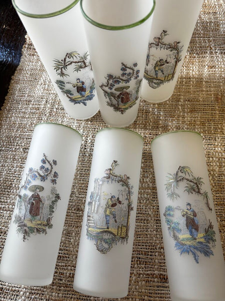 Set of 6 Vintage Federal Glass Chinoiserie Frosted Tumblers