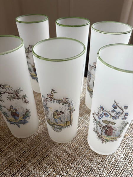 Set of 6 Vintage Federal Glass Chinoiserie Frosted Tumblers