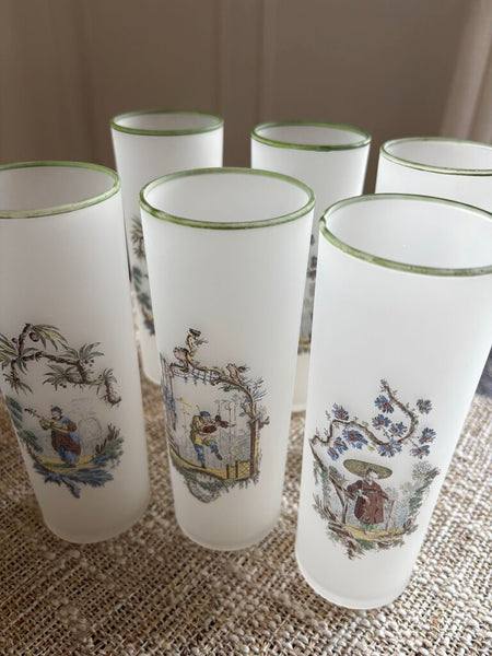Set of 6 Vintage Federal Glass Chinoiserie Frosted Tumblers
