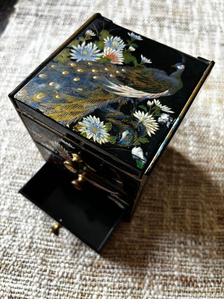 Vintage Peacock Design Japanese Lacquer Jewelry Box w/ Mirror