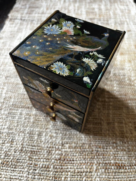 Vintage Peacock Design Japanese Lacquer Jewelry Box w/ Mirror