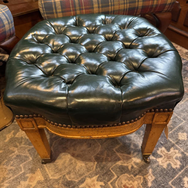 Vintage Tufted Dark Green Leather ottoman with casters 20x20x15T