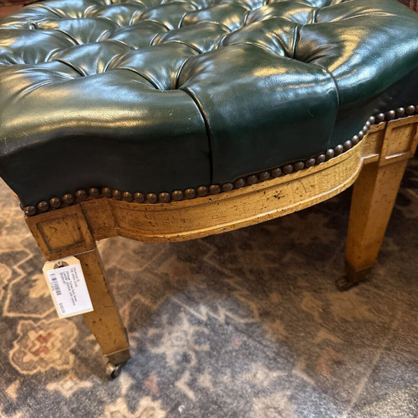 Vintage Tufted Dark Green Leather ottoman with casters 20x20x15T