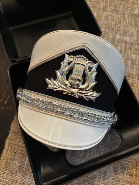 VINTAGE White With Black Trim Marching Band Hat in Case