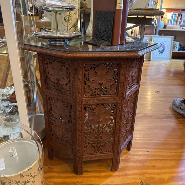 Large Anglo / Indian side table carved (old) early 1900 with octagonal glass top (wood top as found)