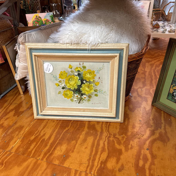 Signed yellow rose in blue and yellow frame original oil painting