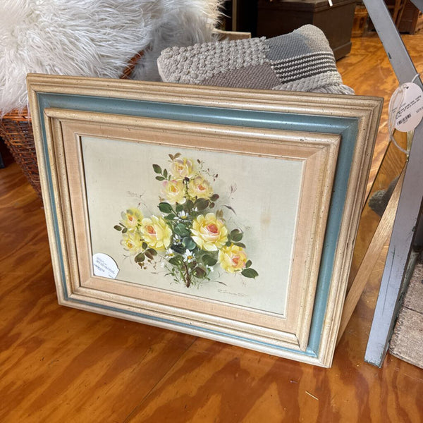 Signed yellow rose in blue and yellow frame original oil painting