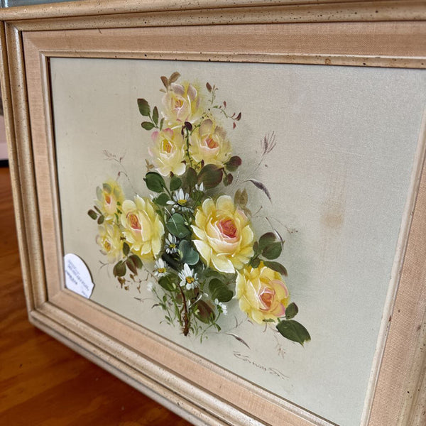 Signed yellow rose in blue and yellow frame original oil painting