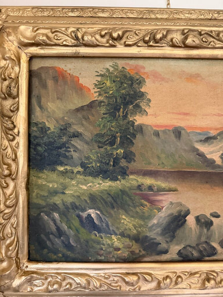 1551 Vintage Sunset Mountainscape Painting Oil on Canvas