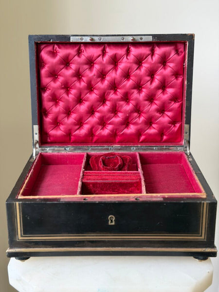 2303 Antique French Ebonized Wood, Brass & Abalone Shell Inlay Jewelry Box w/ Original Tufted Silk Lining