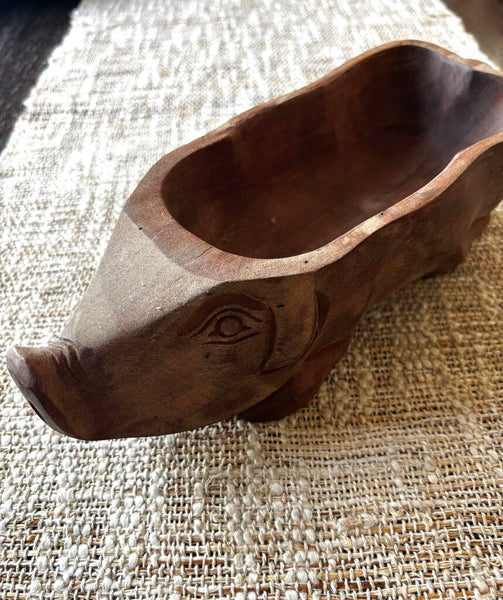 Vintage WOODEN PIG BOWL HAND CARVED
