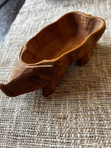 Vintage WOODEN PIG BOWL HAND CARVED
