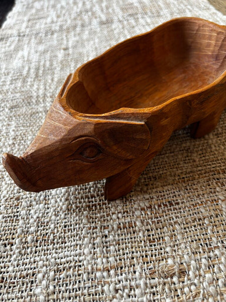 Vintage WOODEN PIG BOWL HAND CARVED
