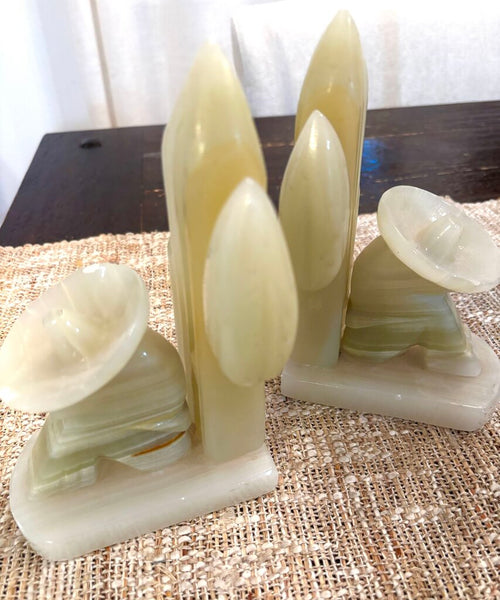 Set of 2 Vintage Mexican Carved Onyx Marble Cactus w/ Man in Sombrero Bookends