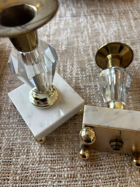 Vintage Brass & Lucite Candlestick Holders w/ Marble Base