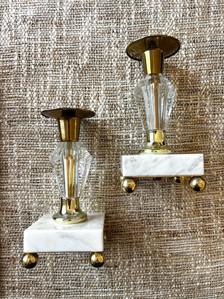 Vintage Brass & Lucite Candlestick Holders w/ Marble Base